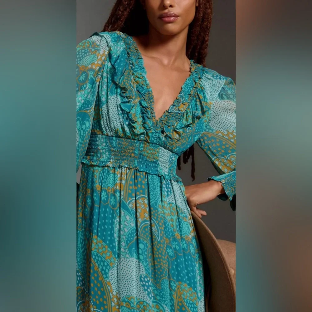 NEW Anthropologie The Odetta Ruffled V-Neck‎ Maxi LS flowy Dress Teal Size  M - Picture 6 of 17